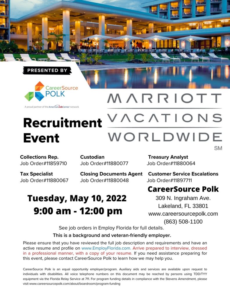 Hiring Event Marriott Vacations Worldwide CareerSource Polk