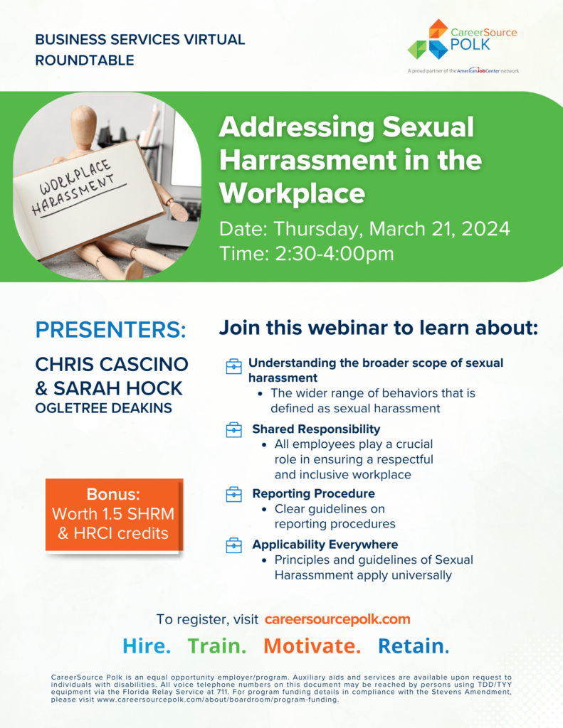 Flyer for virtual webinar regarding addressing sexual harassment in the workplace