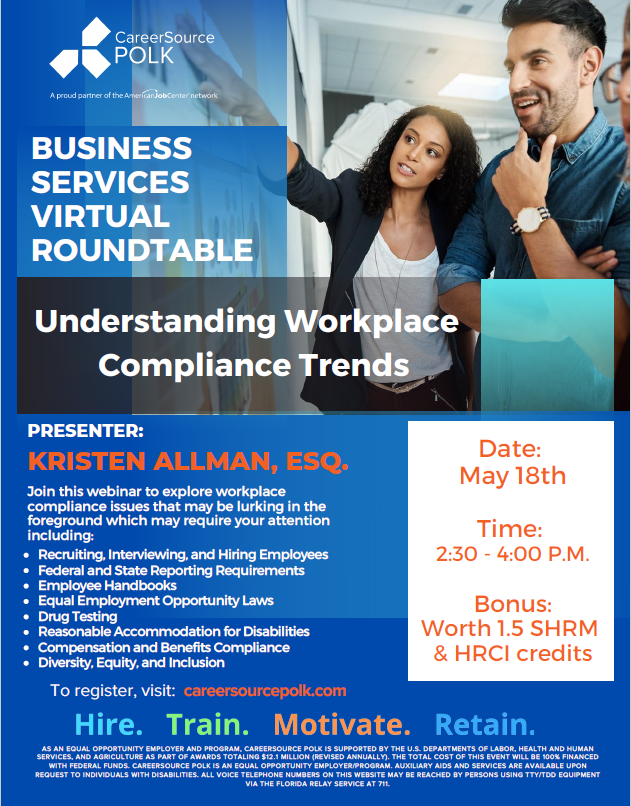 Graphic describing Business Services Roundtable on Understanding Workplace Compliance Trends held on May 18th at 2:30pm