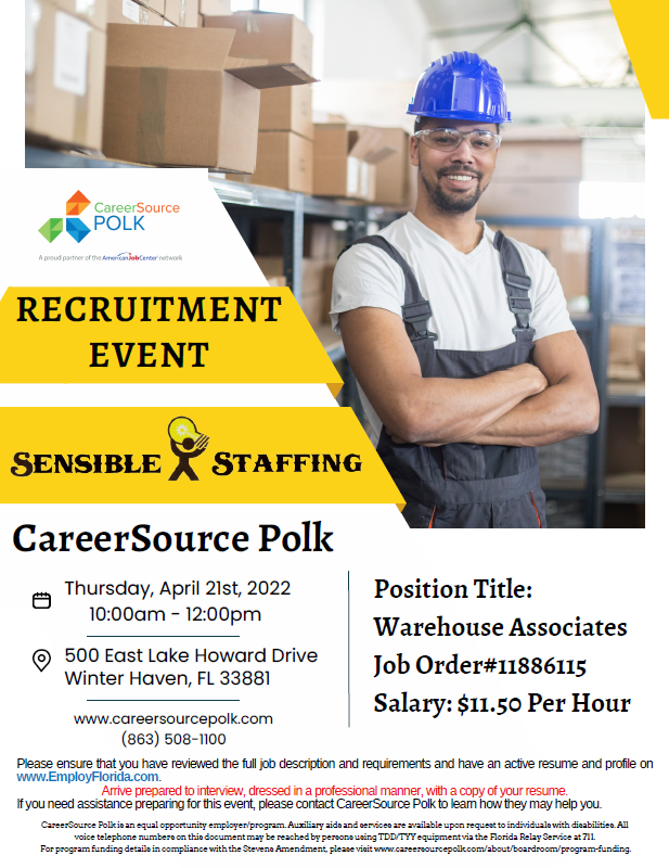 Hiring Event at CareerSource Polk. Employer: Sensible Staffing.